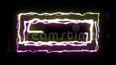 在黑色背景动画上，可循环的黄流柱霓虹灯闪电对称Z IGZAG形状飞行新质量
